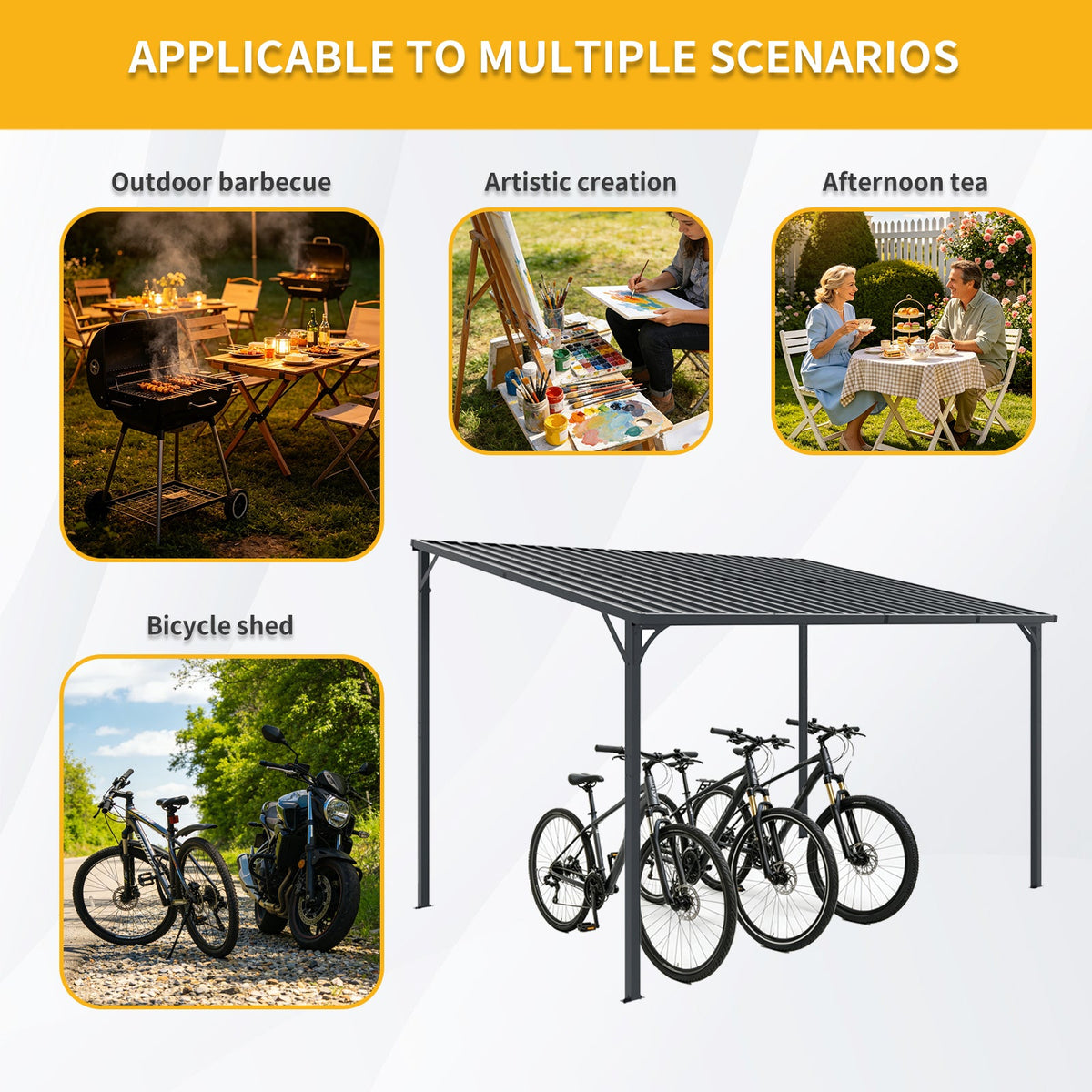 Galvanized Steel Lean-to Pergola with Wall Mount - 12' x 8'