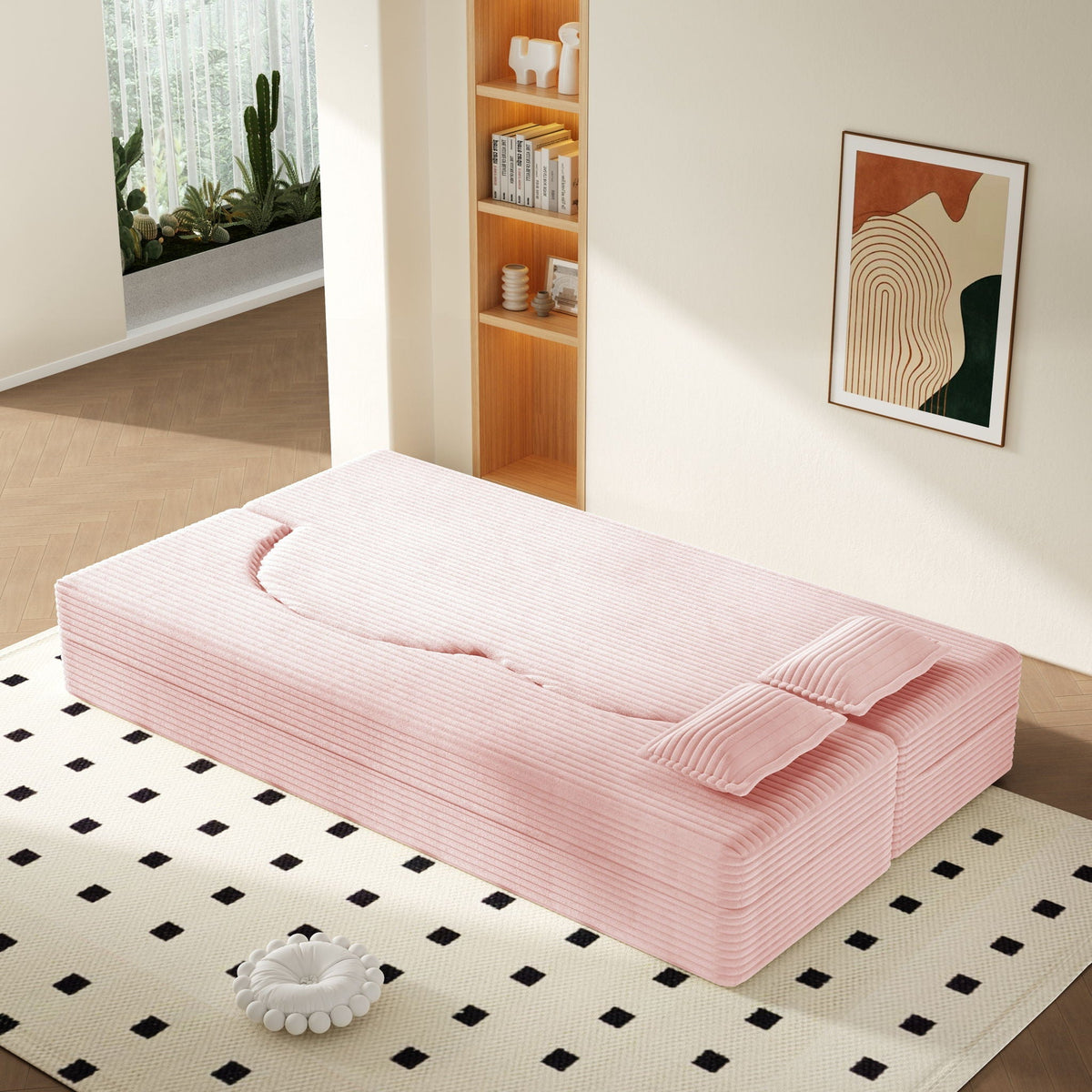 Modern Floor Sofa With 2 Pillows, Convertible Twin Size Folding Mattress - Multi-Color