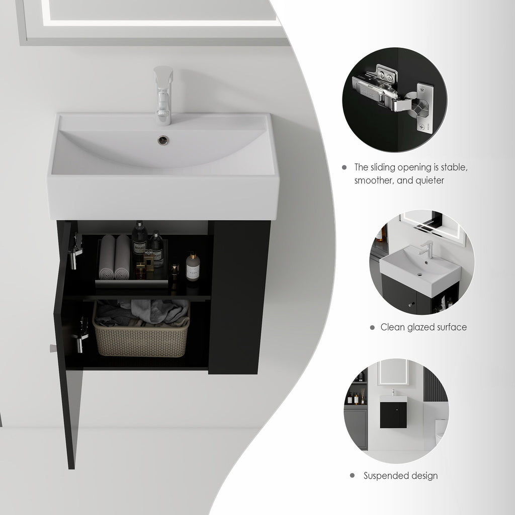 21.6 Inch Floating Bathroom Vanity with Ceramic Sink - Black, White, Oak, Brown
