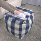 Checkered Square Pouf Ottoman and Floor Cushion with Polystyrene Bead Fill - Ivory / Navy