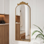 Vintage Arched Full Body Mirror with Carved Applique - Bronze or Pearl Silver