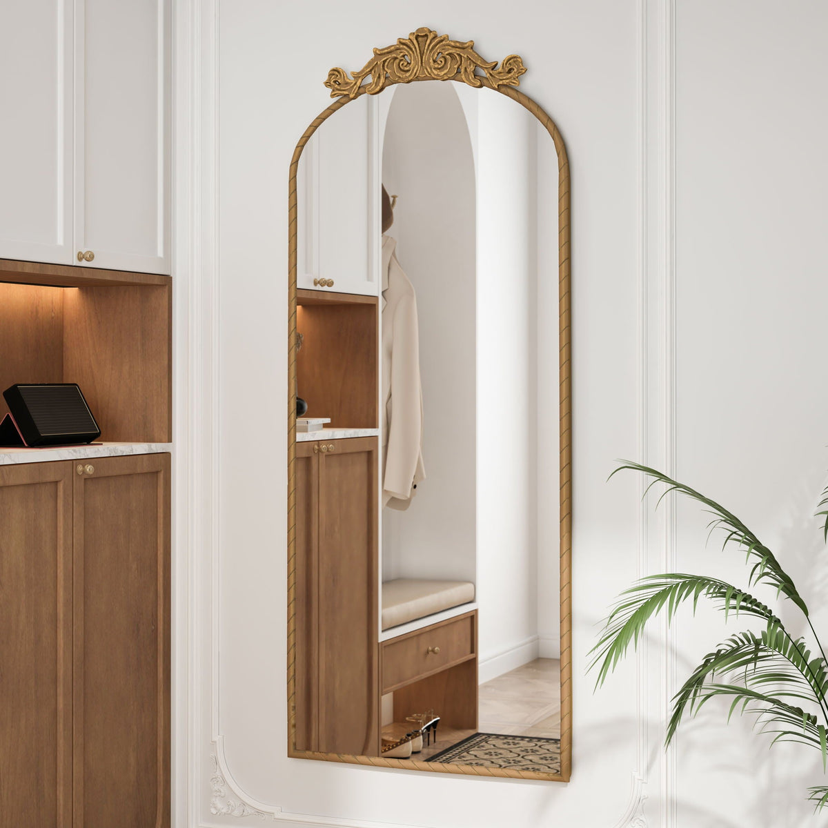 Vintage Arched Full Body Mirror with Carved Applique - Bronze or Pearl Silver
