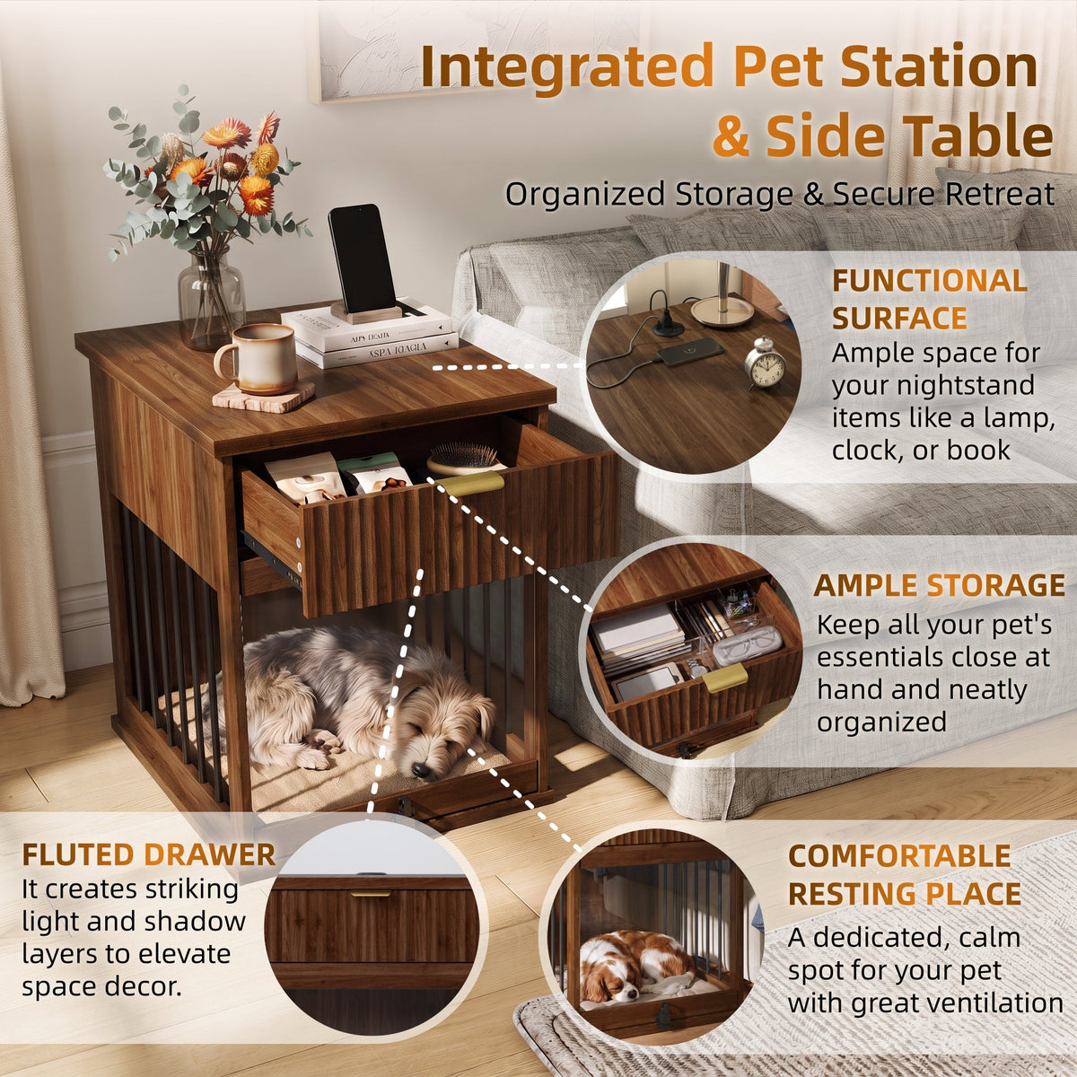 Dog Crate End Table with Charging Station and Storage - Oak/Tempered Glass