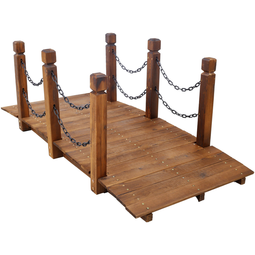 5 Ft Wooden Garden Bridge with Chain Railings - Natural Wood Finish