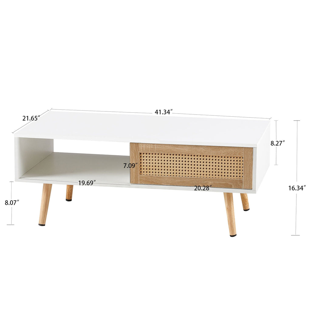 Rattan Coffee Table with Sliding Storage Door – Solid Wood Legs - Light Brown, White, or Dark Brown