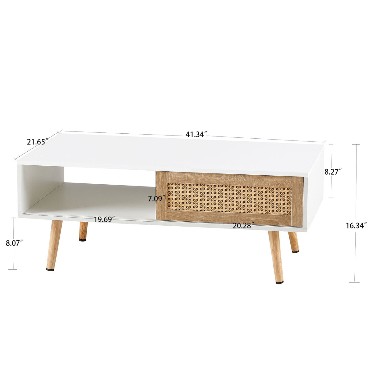 Rattan Coffee Table with Sliding Storage Door – Solid Wood Legs - Light Brown, White, or Dark Brown