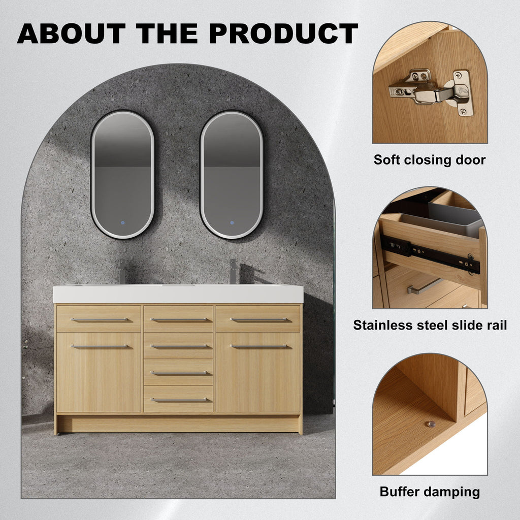 Freestanding Bathroom Vanity with Resin Sink and Soft-Closing Doors - Light Brown