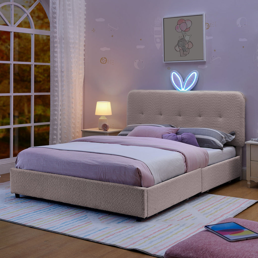 Upholstered Storage Bed with Oversized Rabbit Ear Headboard & LED Lights - Beige or Light Blue