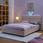Upholstered Storage Bed with Oversized Rabbit Ear Headboard & LED Lights - Beige or Light Blue