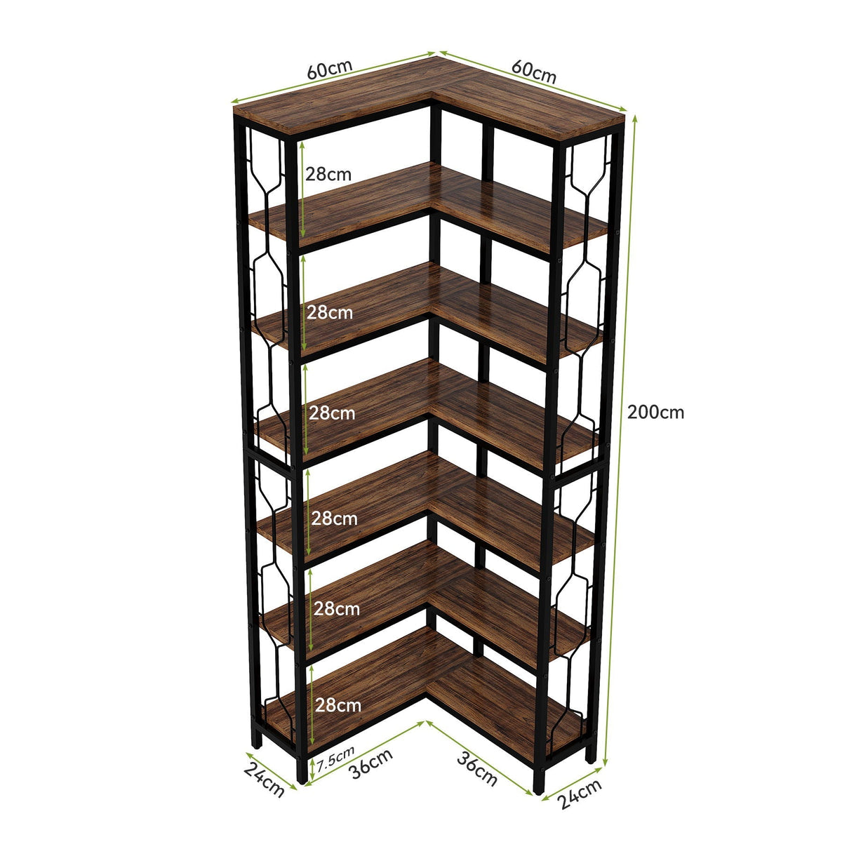 7 Tier Corner Bookshelf with Hexagonal Design - Dark Brown, White, Dark Gray