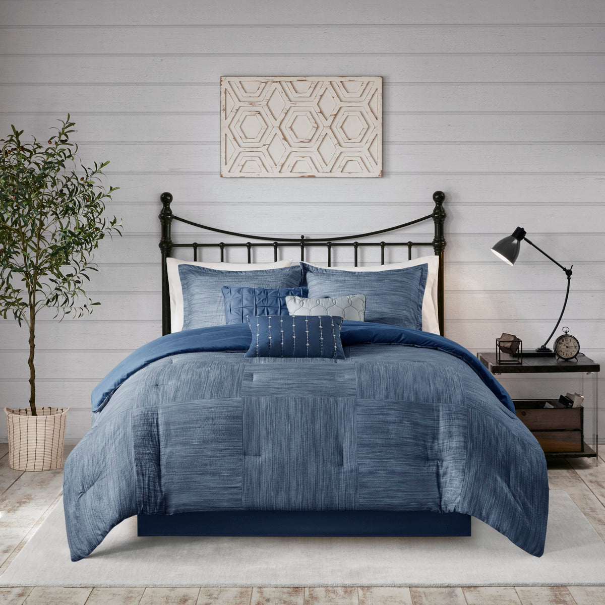 7 Piece Printed Seersucker Comforter Set with Hypoallergenic Fill - Navy