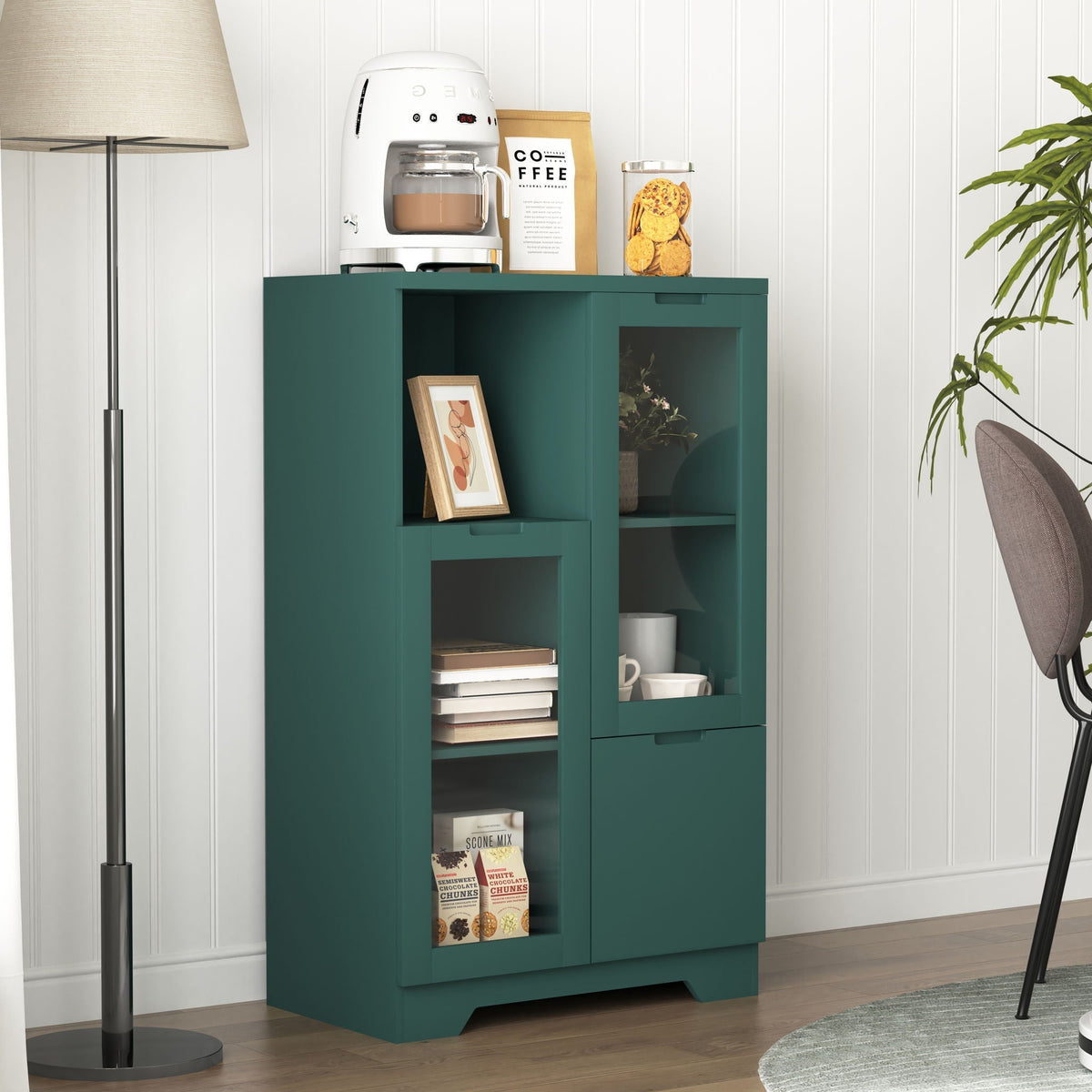 Modern Cabinet with Glass Doors and Drawer - Adjustable Shelves - Multiple Colors