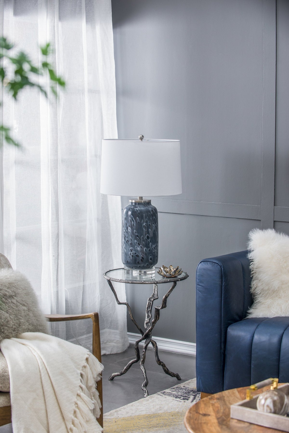 Ellis Glass Table Lamp with Blue Base and Linen Shade