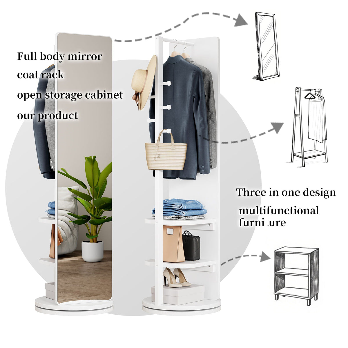 3 In 1 Multifunctional Full-Length Clothing Mirror with Rotating Design - Dark Brown, Black, White, Light Brown