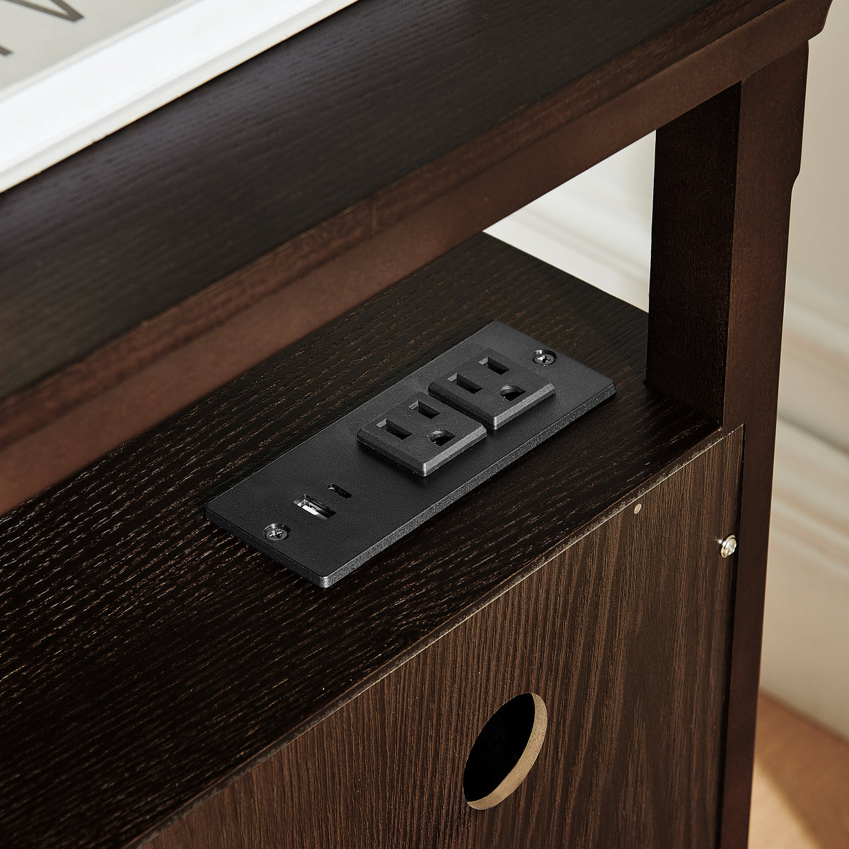 Wooden Bedside Nightstand with Open Cubby & 2 Storage Drawers