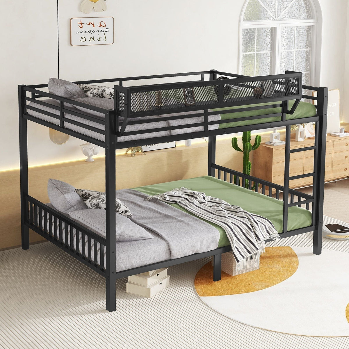 Queen Over Queen Bunk Bed with Storage Shelf and Ladder - Black