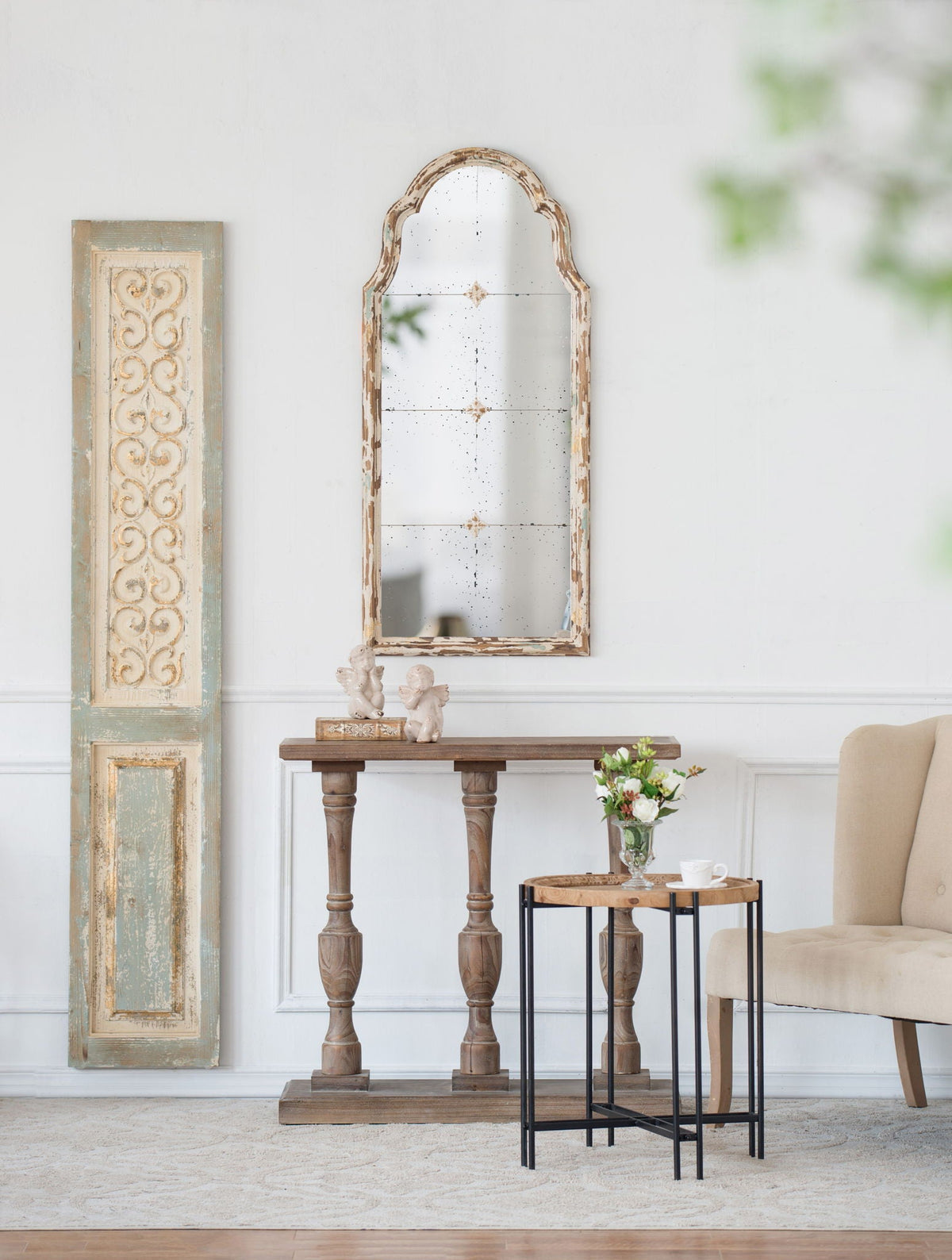 Large Wooden Rectangle Hanging Panel Decorative Wall Sculpture with Carved Details - Beige