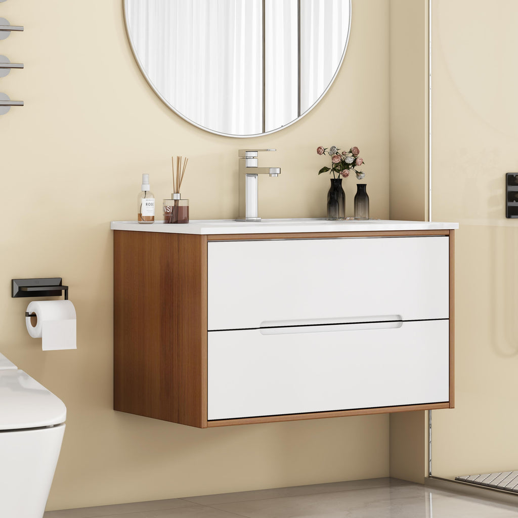 32-Inch Wall-Mounted Bathroom Vanity with Ceramic Sink Combo - Walnut/White