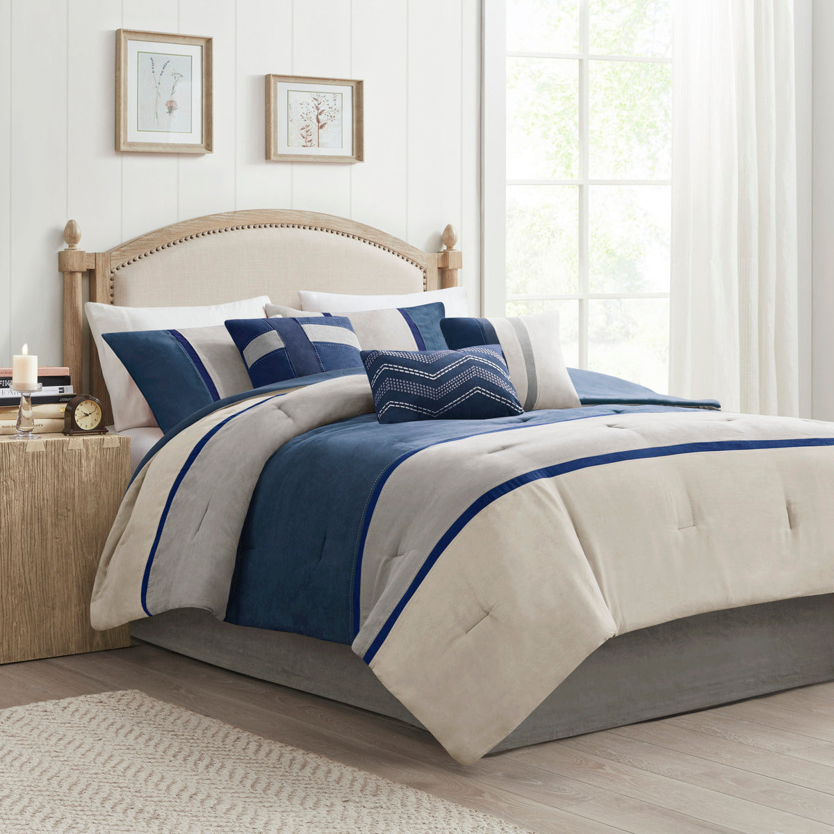 Blue Faux Suede 7 Piece Comforter Set with Hypoallergenic Fill - King