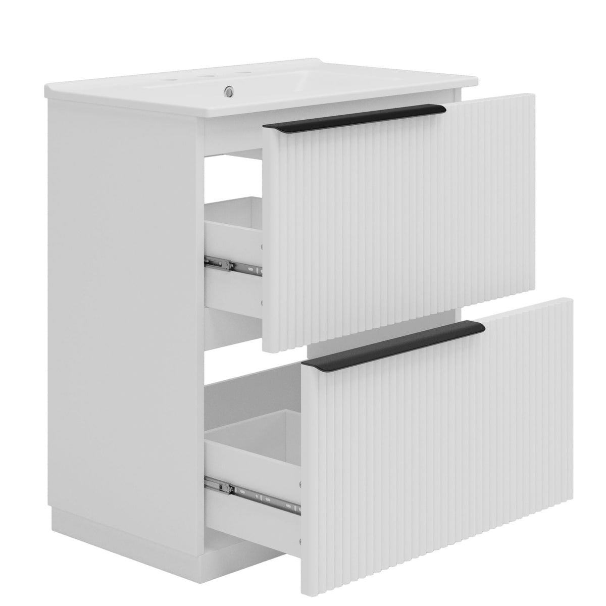 Fluted Bathroom Vanity with Ceramic Sink and Moisture-Proof Cabinet - 30" Wide
