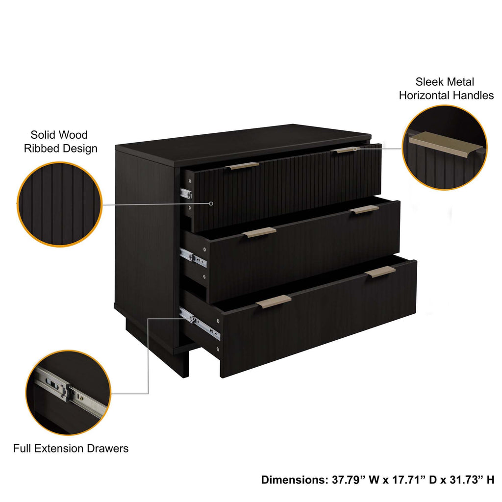 Solid Wood 3 Drawer Dresser with Ribbed Fronts - Multiple Colors