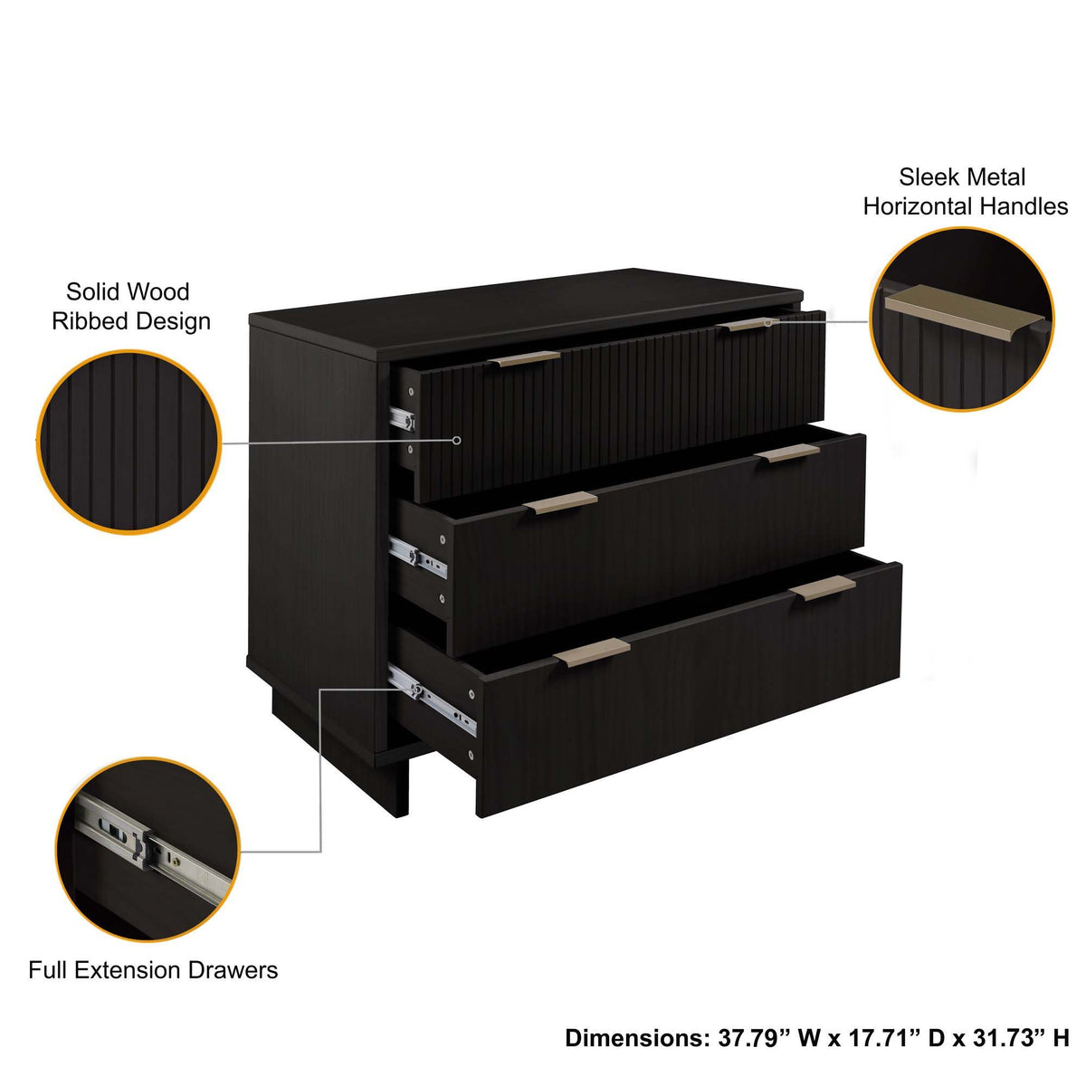 Solid Wood 3 Drawer Dresser with Ribbed Fronts - Multiple Colors