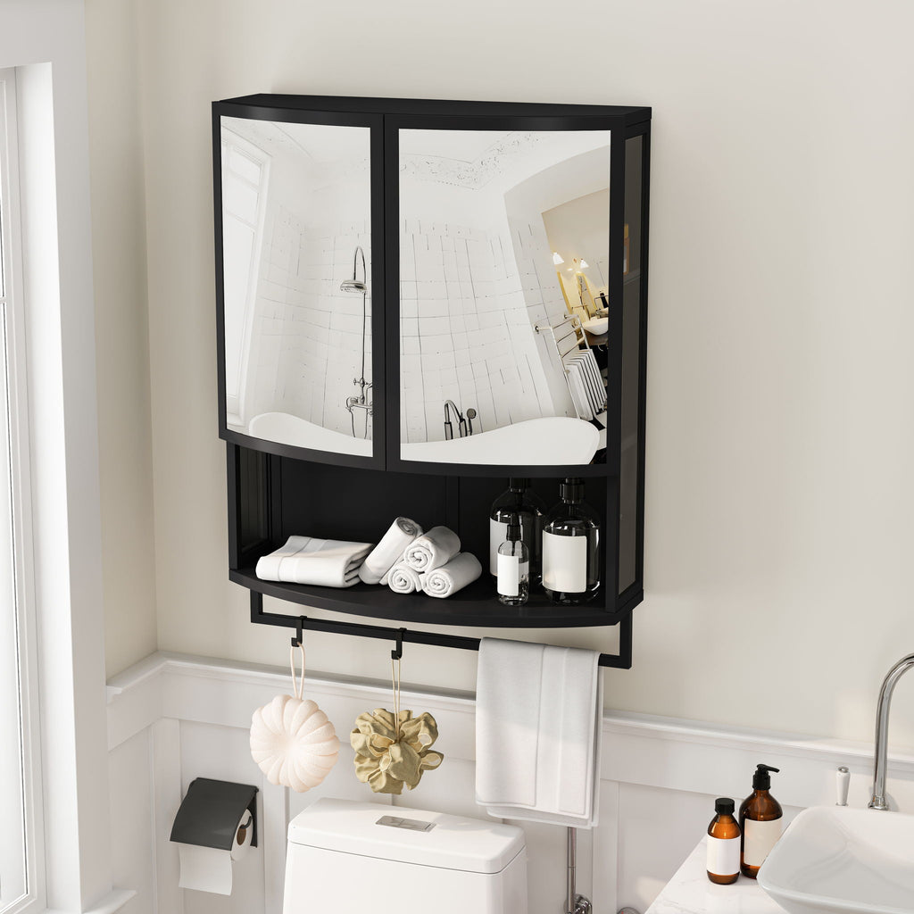 Arched Glass Double Door Wardrobe with Shatterproof Mirror - Black or White