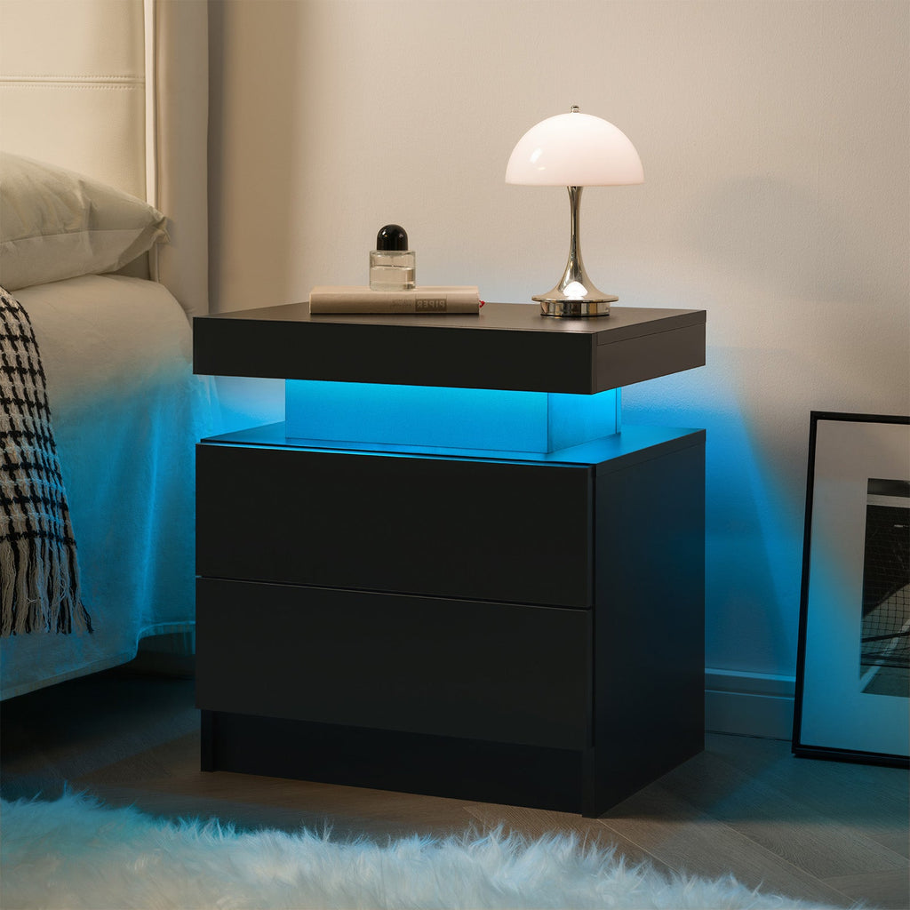 Modern LED Nightstand with 2 Drawers and Adjustable LED Lights - White