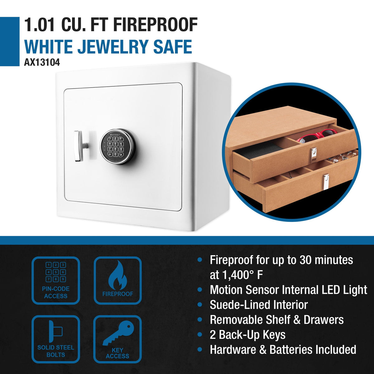 Durable Construction Jewelry Safe with Fireproof Protection - White or Black