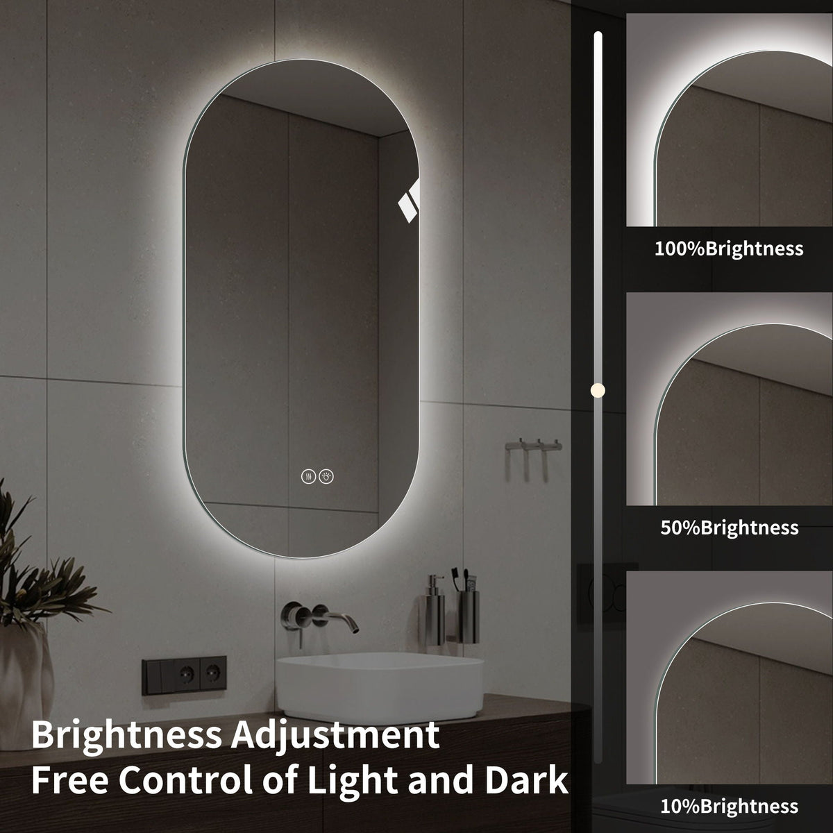 Smart LED Wall Mounted Mirror with Touch Screen and Adjustable Lighting - Pearl Silver