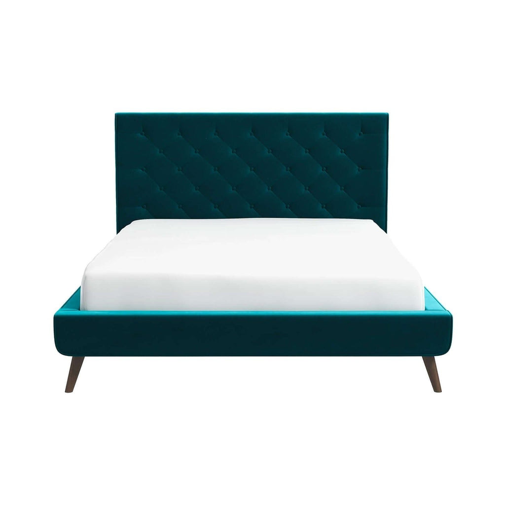 Light Blue Queen Platform Bed with Button Tufted Headboard