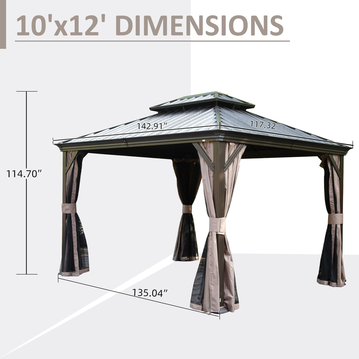 10' x 12' Hardtop Gazebo with Galvanized Steel Double Roof - Brown