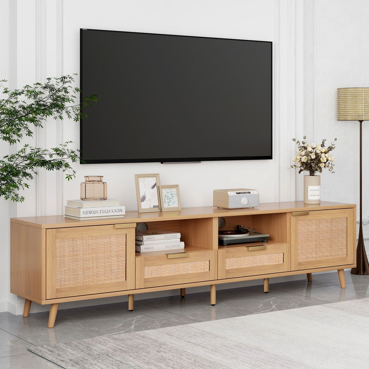 TV Stand Media Console with Cable Management - Light Brown or Black