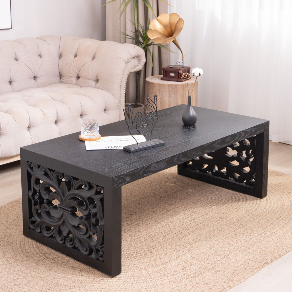 Rustic Carved Wood Coffee Table with Handcrafted Look - Light Brown or Black