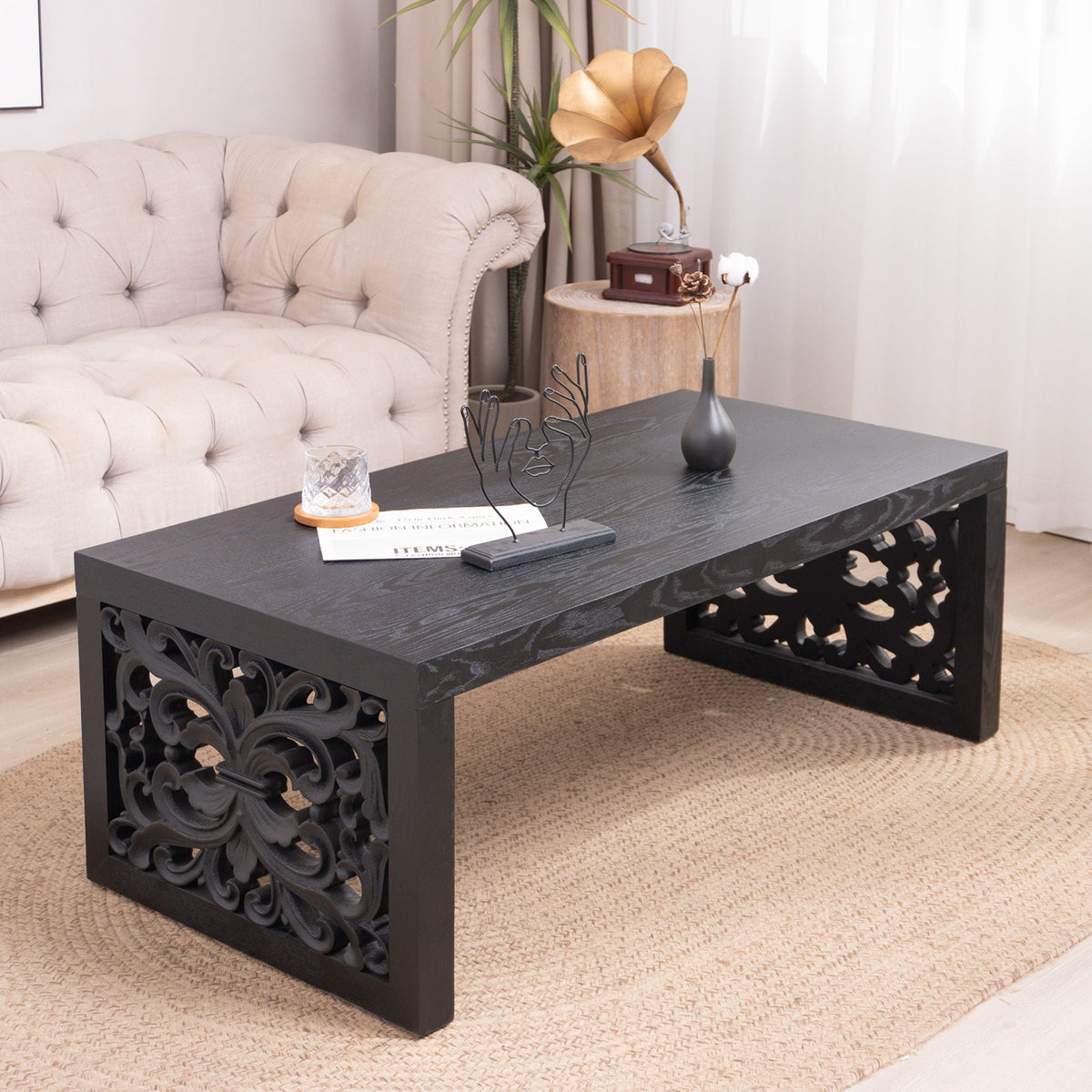 Rustic Carved Wood Coffee Table with Handcrafted Look - Light Brown or Black