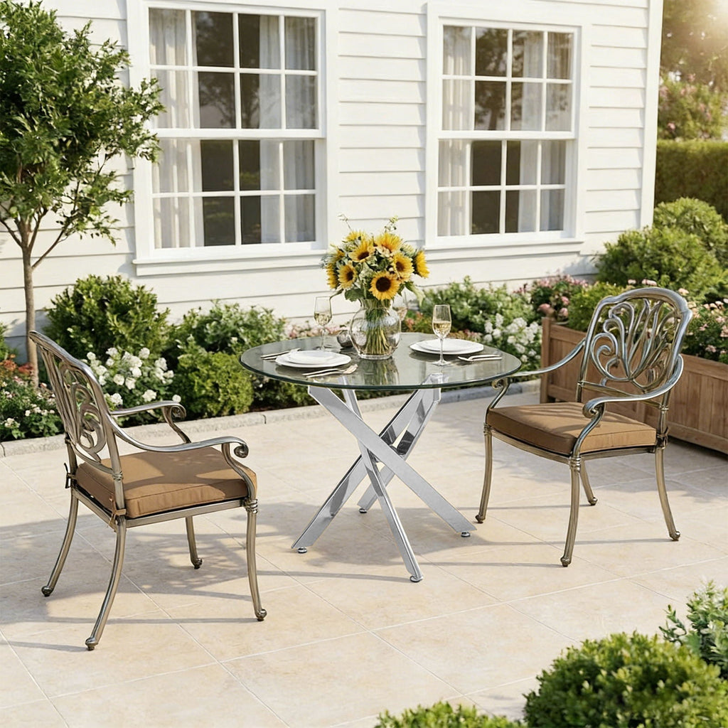 Modern Round Dining Table with Metal Frame - Pearl Silver, Gold, or White