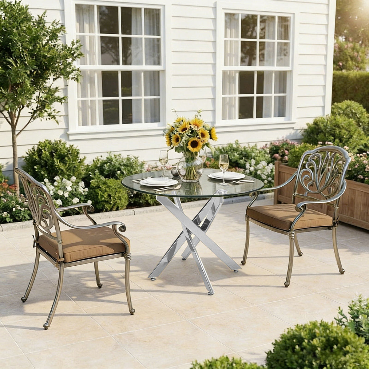 Modern Round Dining Table with Metal Frame - Pearl Silver, Gold, or White