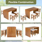 Acacia Wood 5 Piece Outdoor Bar Set with Cushioned Stools - Natural