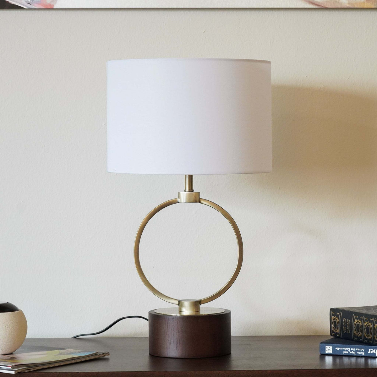 Nordic Table Lamp with Grid Metal Circular Design and Linen Shade - Bronze/Walnut