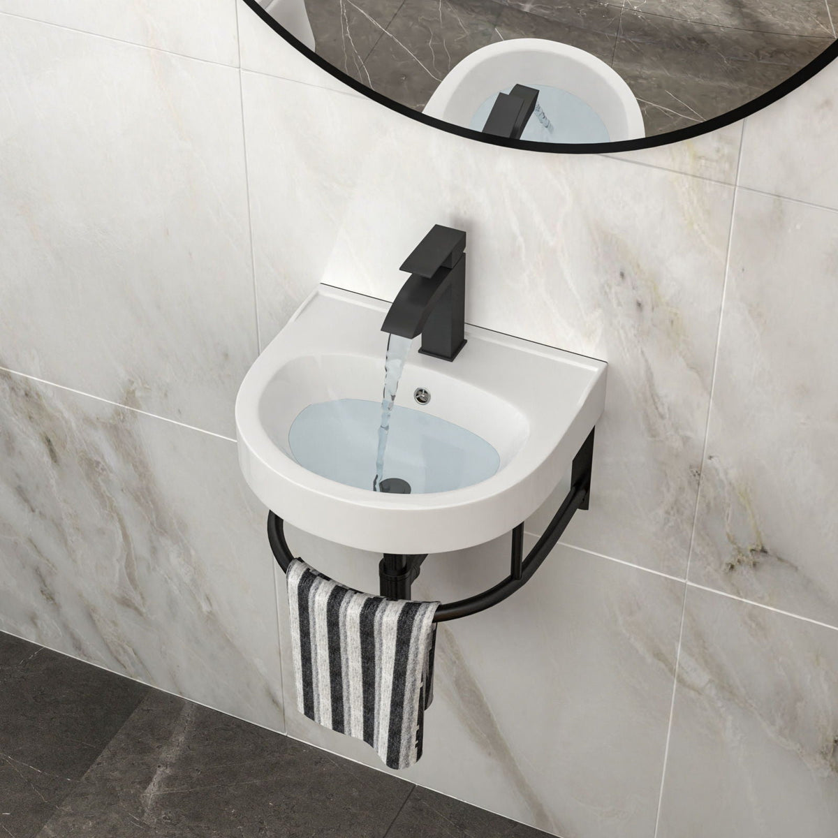 Wall Mounted Bathroom Sink with Towel Bar and Faucet - White / Black
