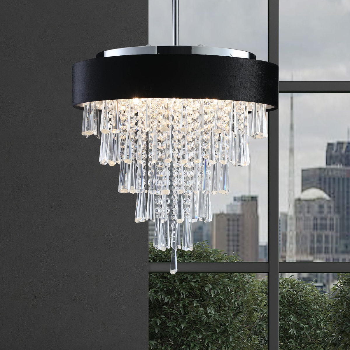 18-Inch Modern Crystal Chandelier with Black Velvet Shade - Transparent
