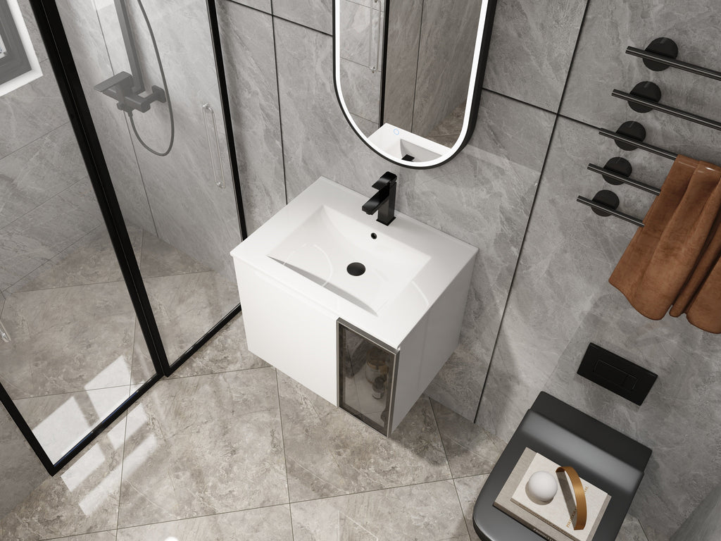 24" Wall-Mounted Bathroom Vanity with Ceramic Sink - Glossy White
