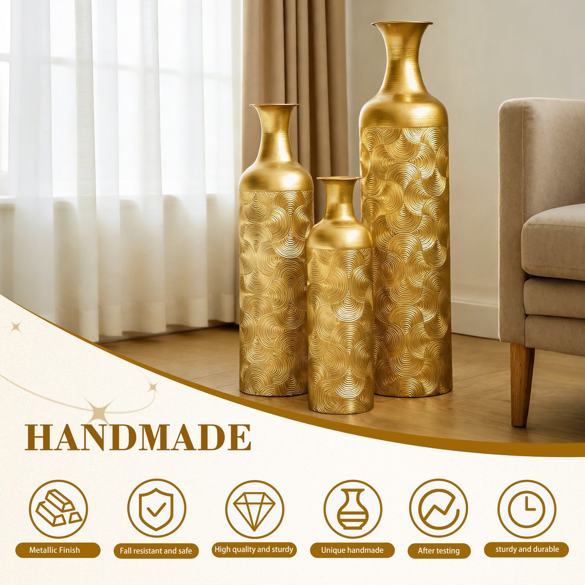 Semi-Handcrafted Metal Vase Set with Embossed Texture - Gold