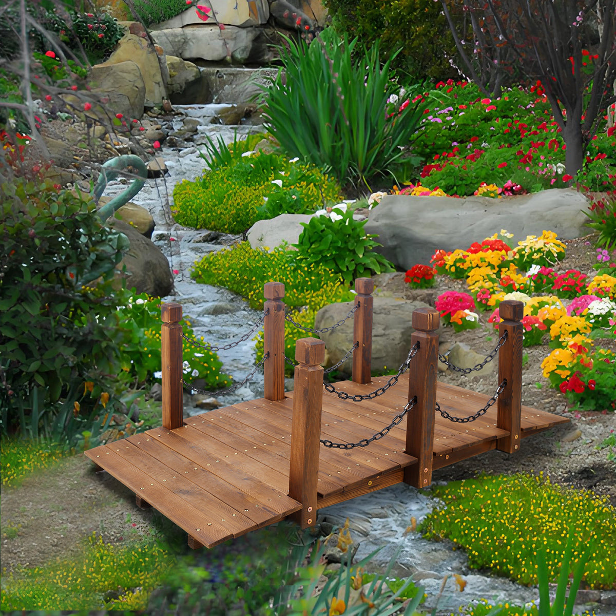 5 Ft Wooden Garden Bridge with Chain Railings - Natural Wood Finish