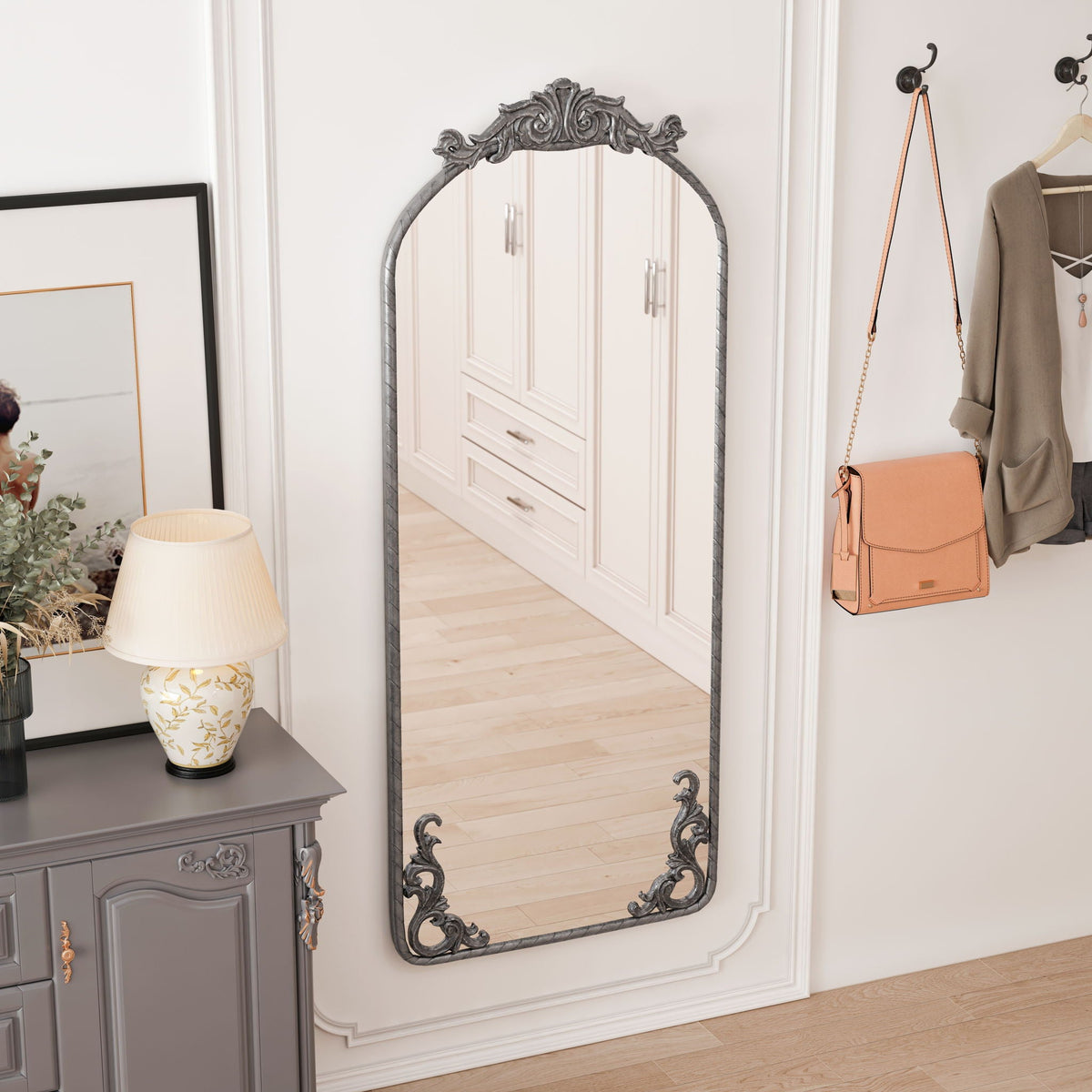 Full Body Arched Mirror with Vintage Carved Applique - Bronze or Pearl Silver