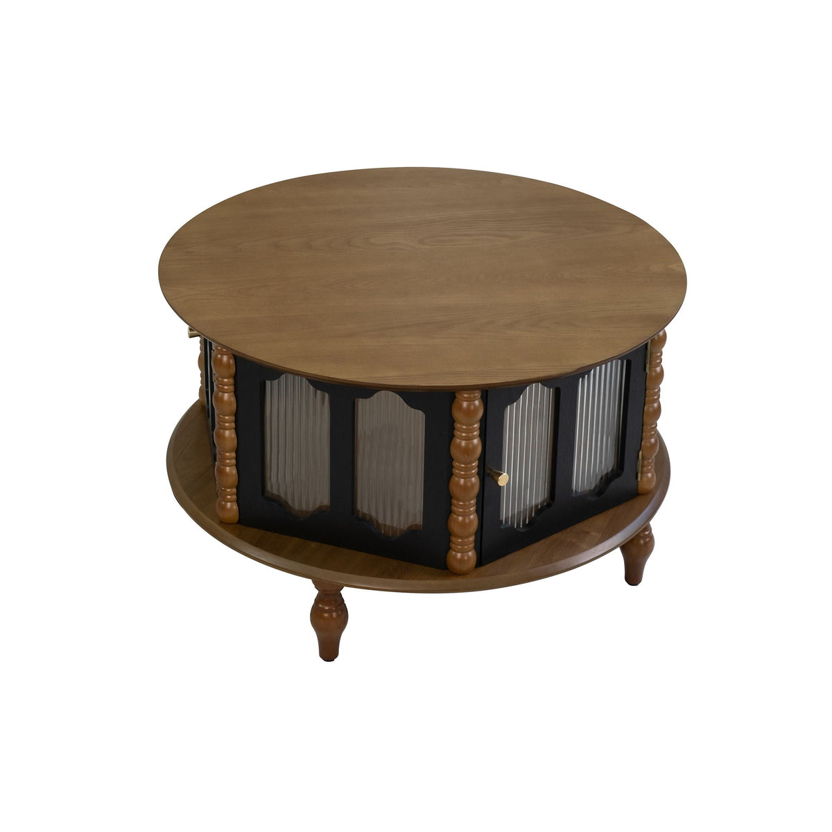 Round Storage Coffee Table with Fluted Glass Doors - Black or Dark Brown