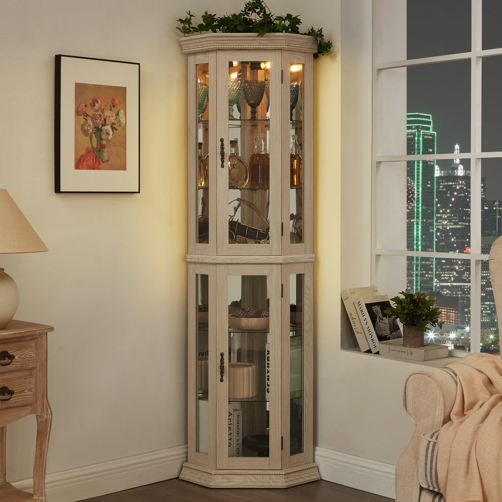 Lighted Corner Curio Cabinet with Adjustable Shelves - Tempered Glass