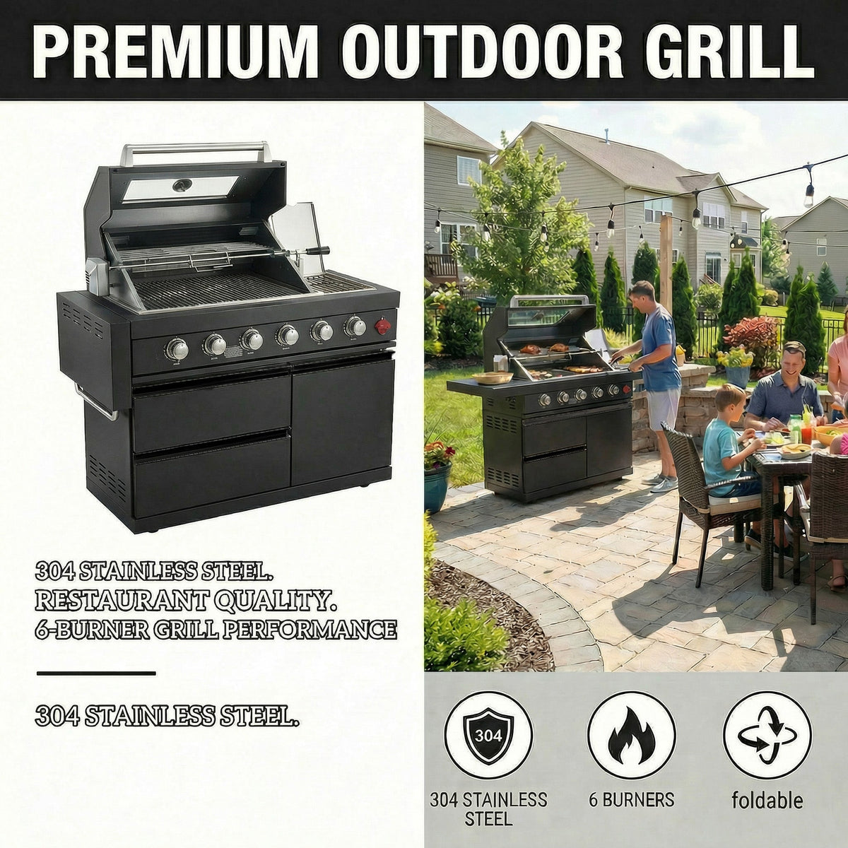 46-Inch 6-Burner Gas Outdoor Grill with LED Controls - Black