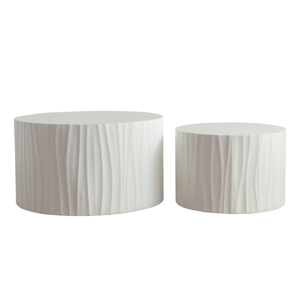 Nesting Coffee Table Set of 2 Round Wooden Tables with Handcrafted Relief - Wood Finish