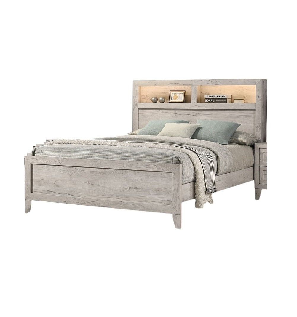 Queen Size Bed with Headboard Shelves and Light - White Wash Finish